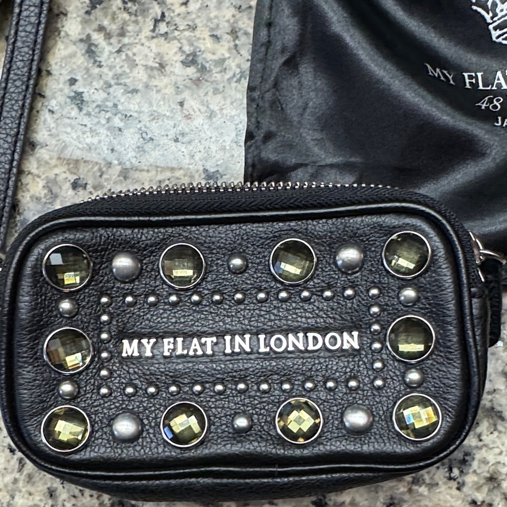 My Flat in London Black and Silver Embellished Wristlet and satin Bag - Picture 2 of 9